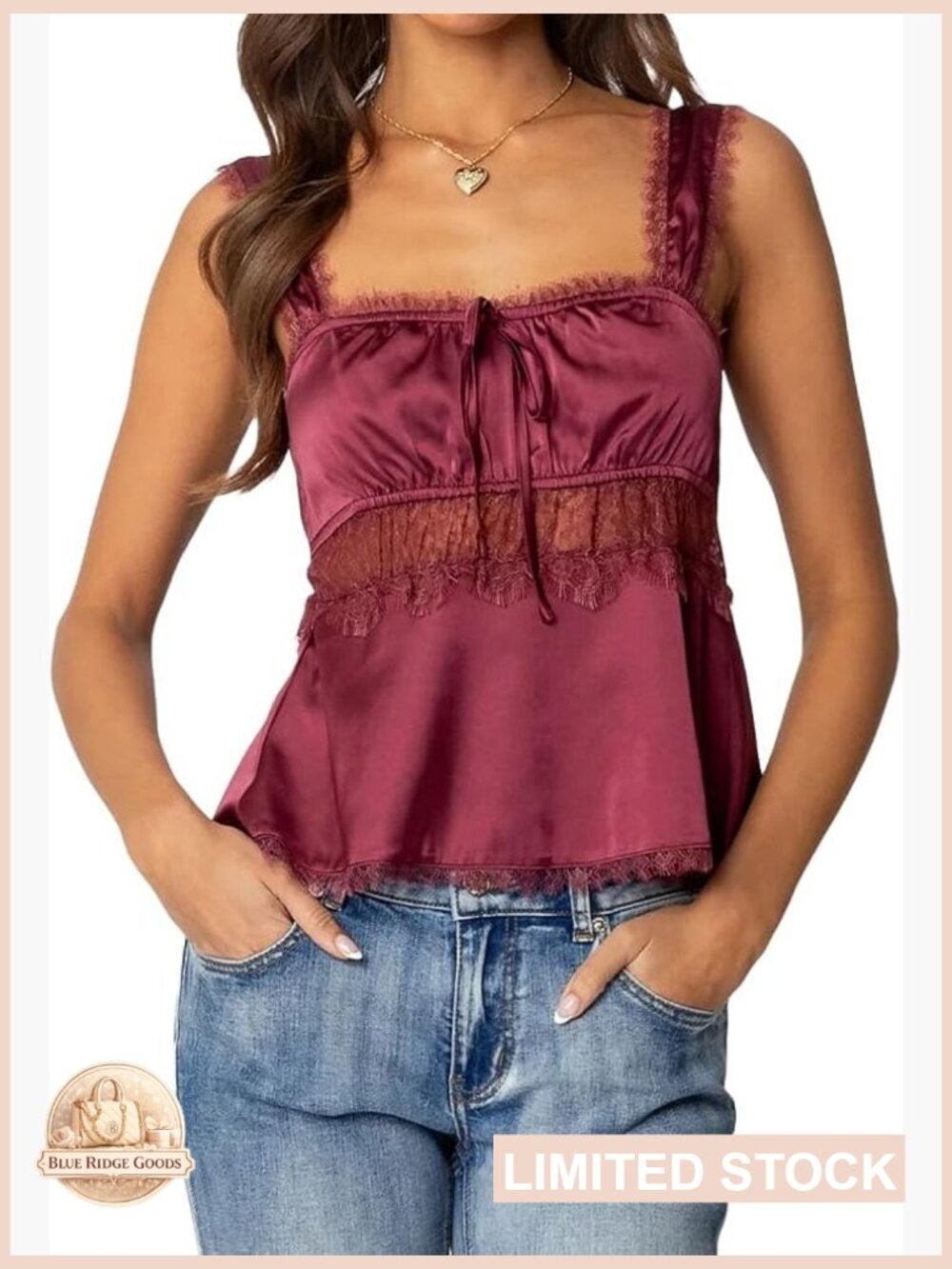 Satin Lace Trim Burgundy Cami Top
